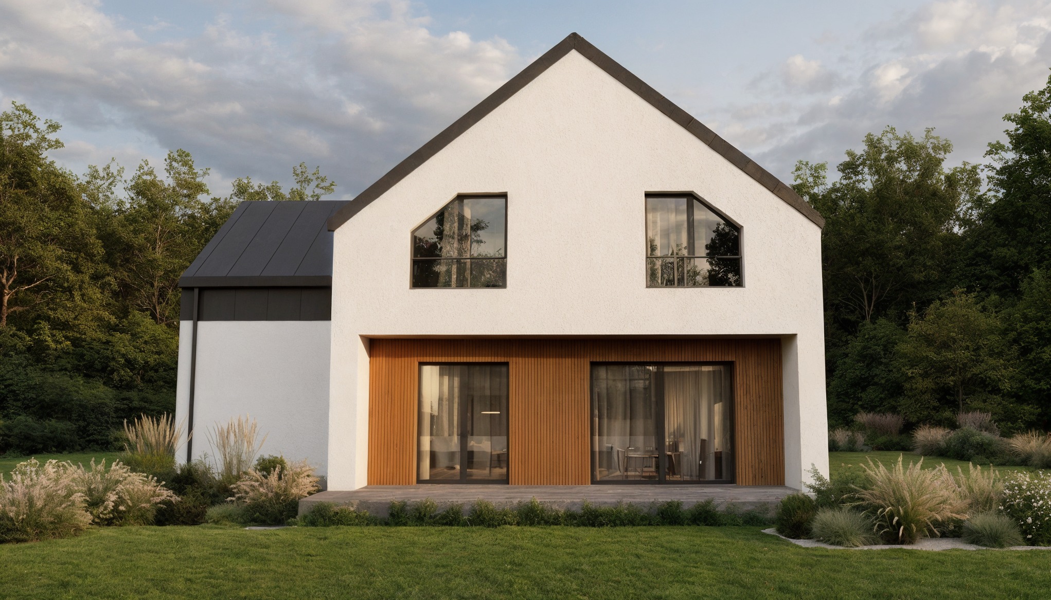 Nowoczesny dom jednorodzinny z białymi ścianami, drewnianą elewacją i czarnym dachem. Uwagę przykuwają trapezowe okna na poddaszu i duże przesuwne drzwi na taras.
