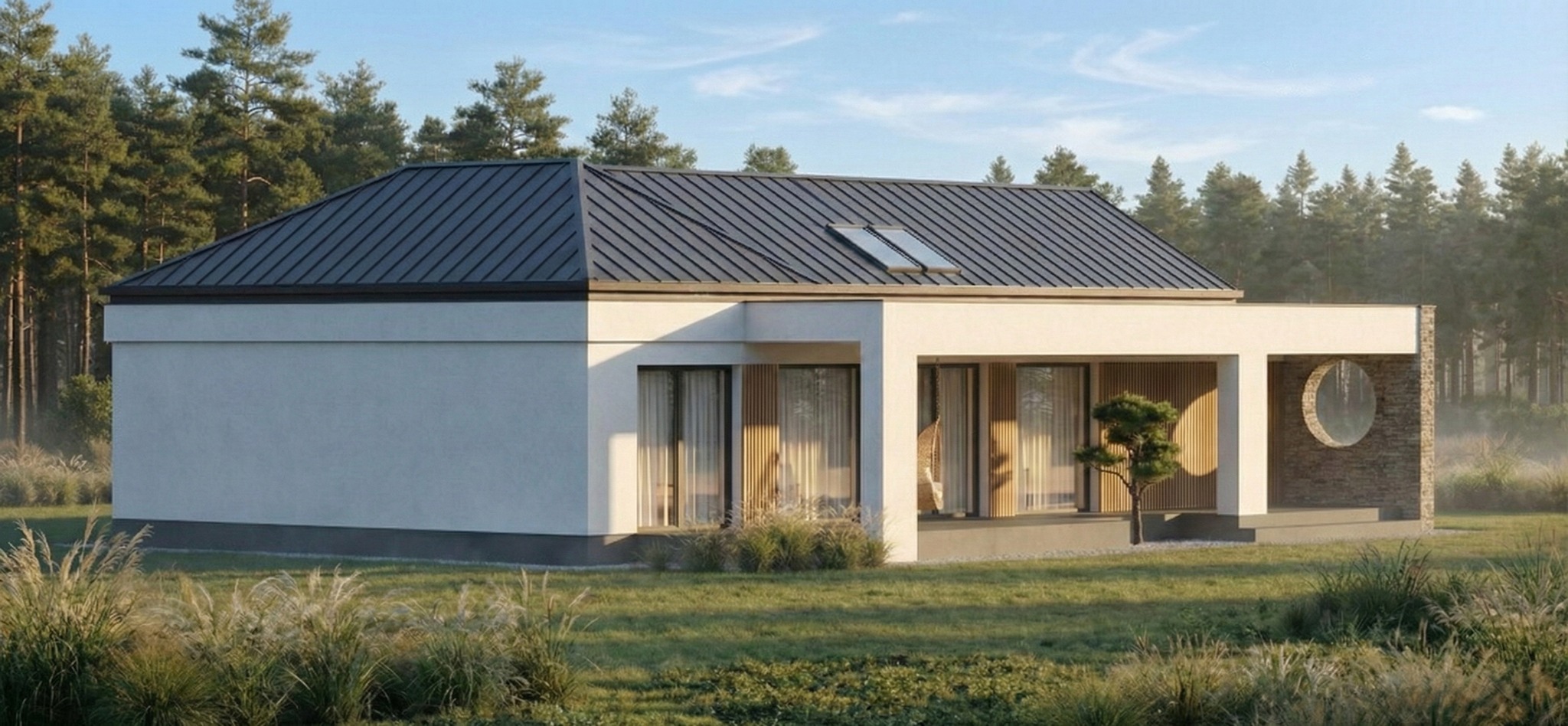 Nowoczesny dom parterowy z płaskim dachem i dużymi oknami, otoczony zielenią. Charakterystyczny okrągły otwór w ścianie. Minimalistyczny design w spokojnej, naturalnej scenerii.