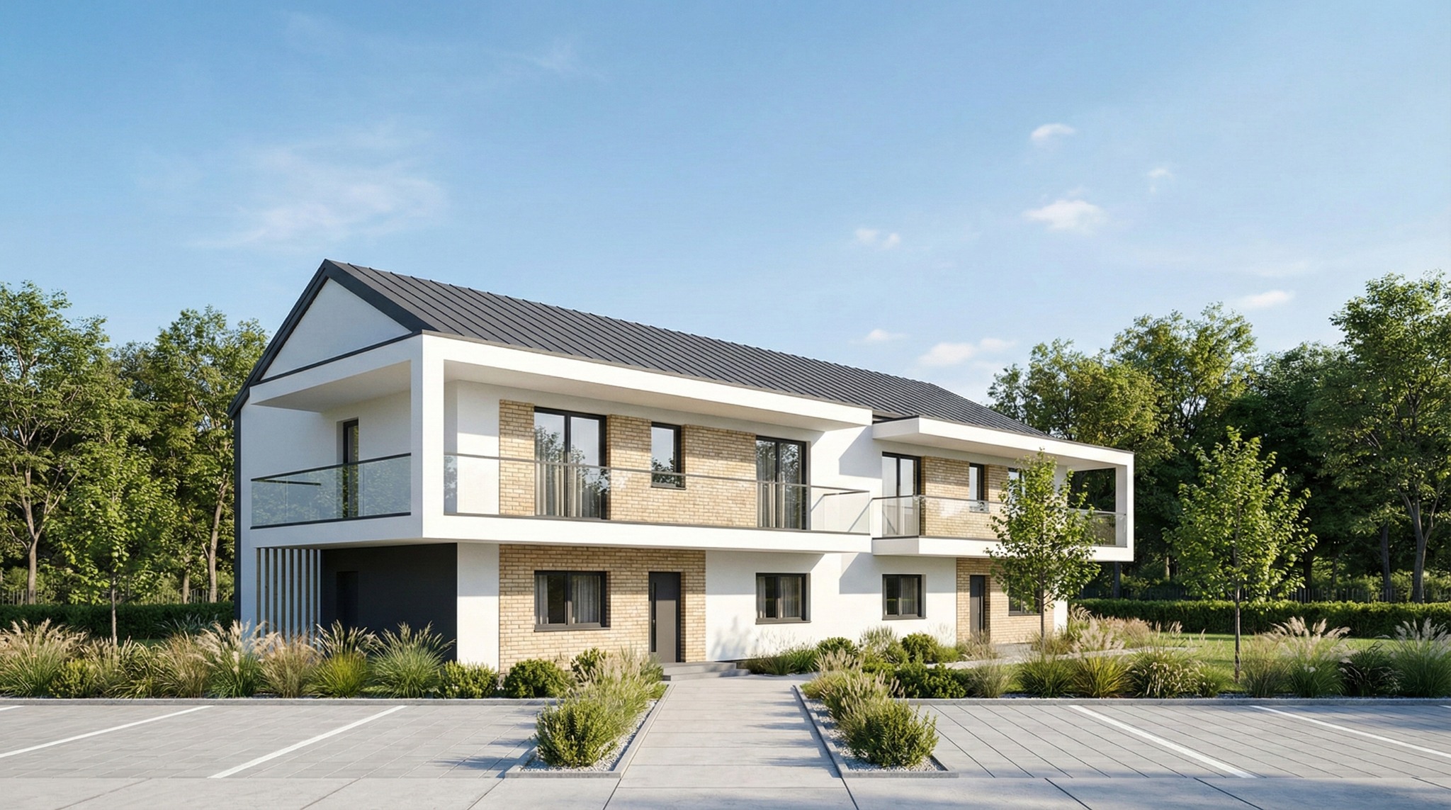 Dwukondygnacyjny budynek mieszkalny z płaskim dachem i balkonami, wykończony białym tynkiem i cegłą, otoczony zielenią i parkingiem. Nowoczesna architektura.