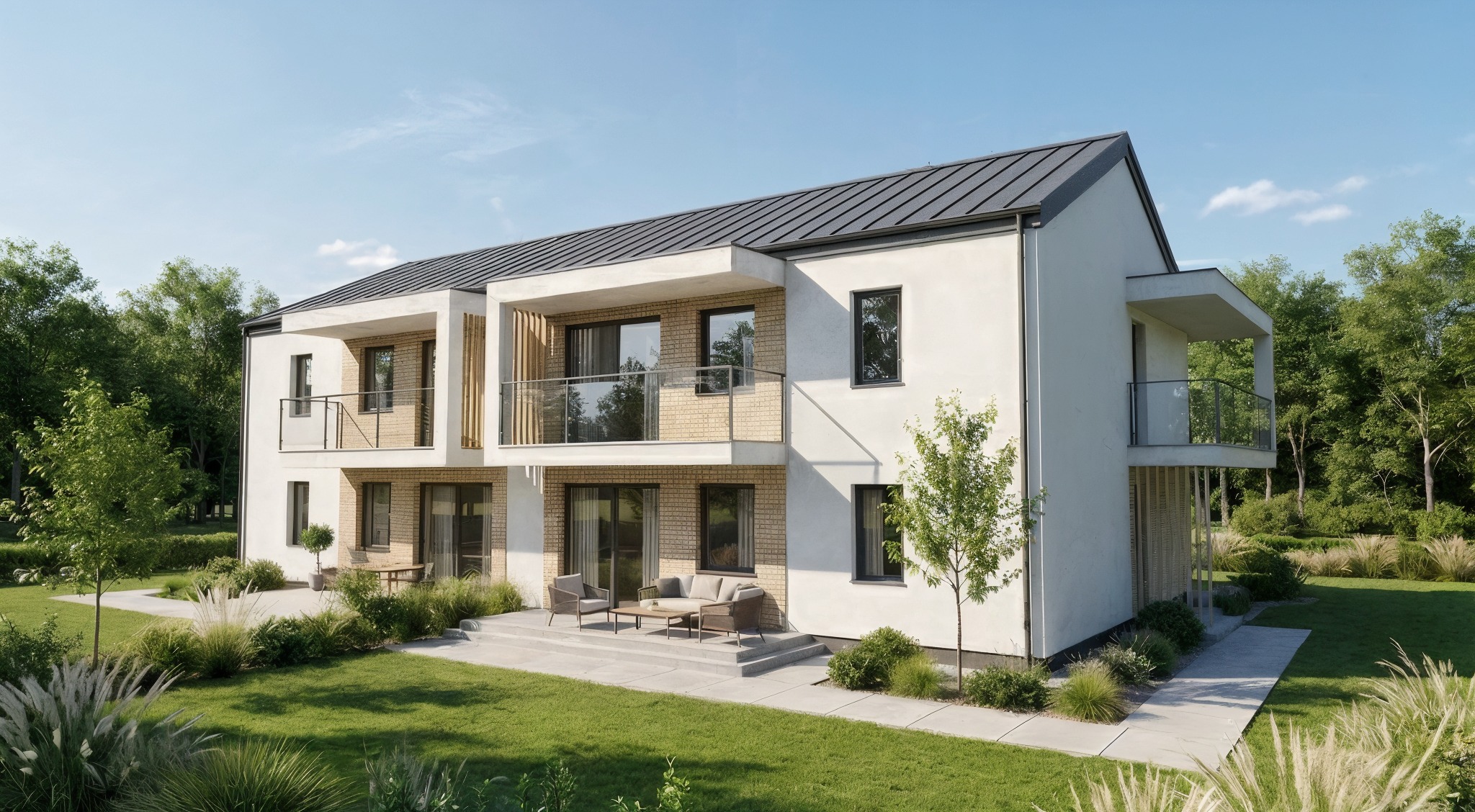 Nowoczesny, dwukondygnacyjny dom bliźniak z balkonami i tarasem, otoczony zielenią. Jasna elewacja, grafitowy dach, minimalistyczny design. Widok z ogrodu.
