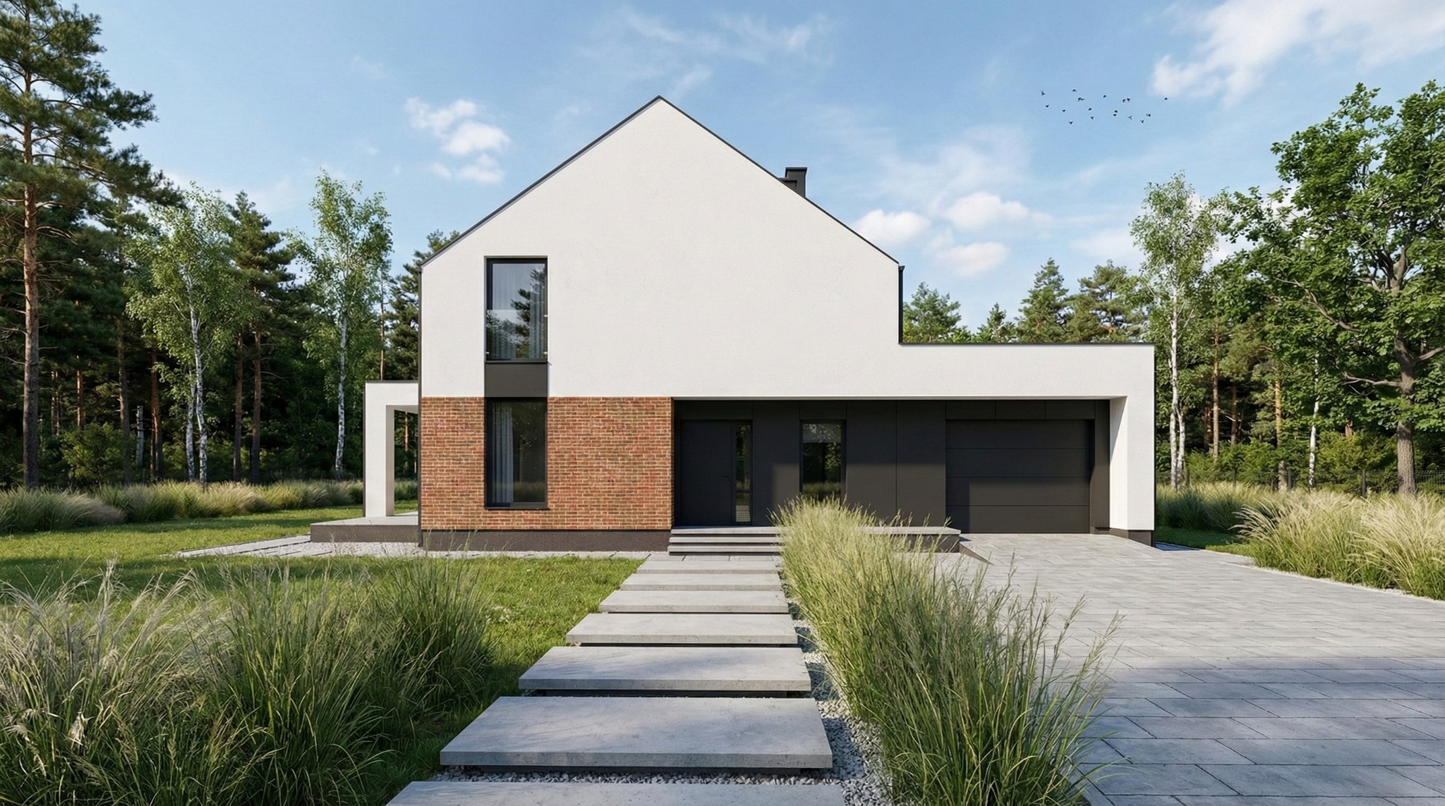 Nowoczesny dom jednorodzinny z białym tynkiem, elementami cegły i grafitową stolarką. Betonowy chodnik prowadzi do wejścia. Otoczenie: trawa, drzewa iglaste i liściaste.