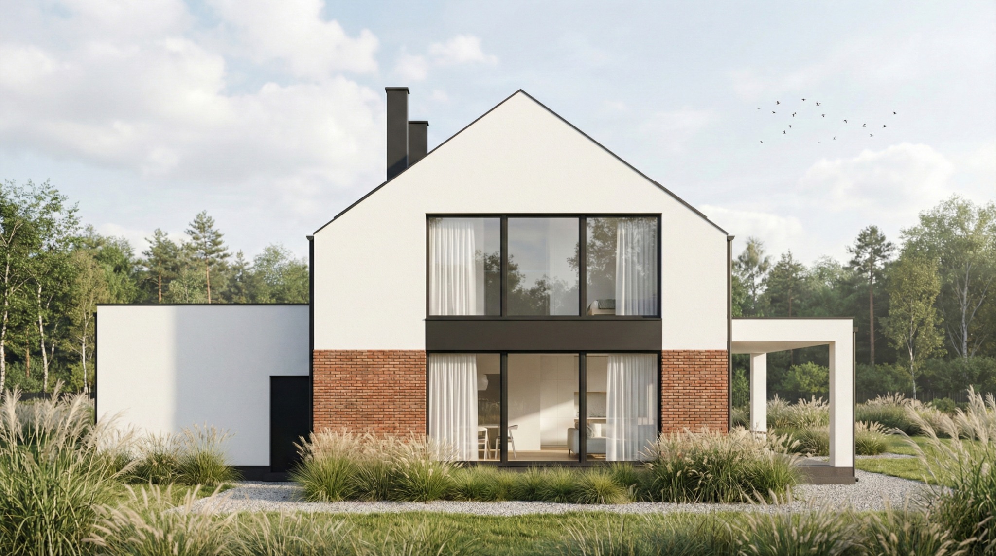 Wizualizacja nowoczesnego domu jednorodzinnego z białymi ścianami, ceglanym fragmentem elewacji i dużymi oknami, otoczonego zielenią i trawami ozdobnymi.