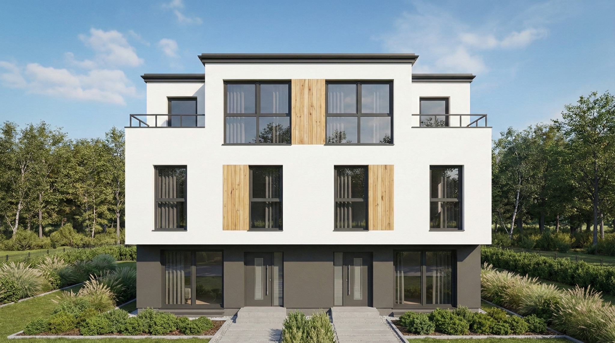 Nowoczesny, dwukondygnacyjny bliźniak z białymi ścianami, drewnianymi panelami i szarymi detalami, otoczony zielenią. Widok z przodu, symetryczny układ okien i drzwi.