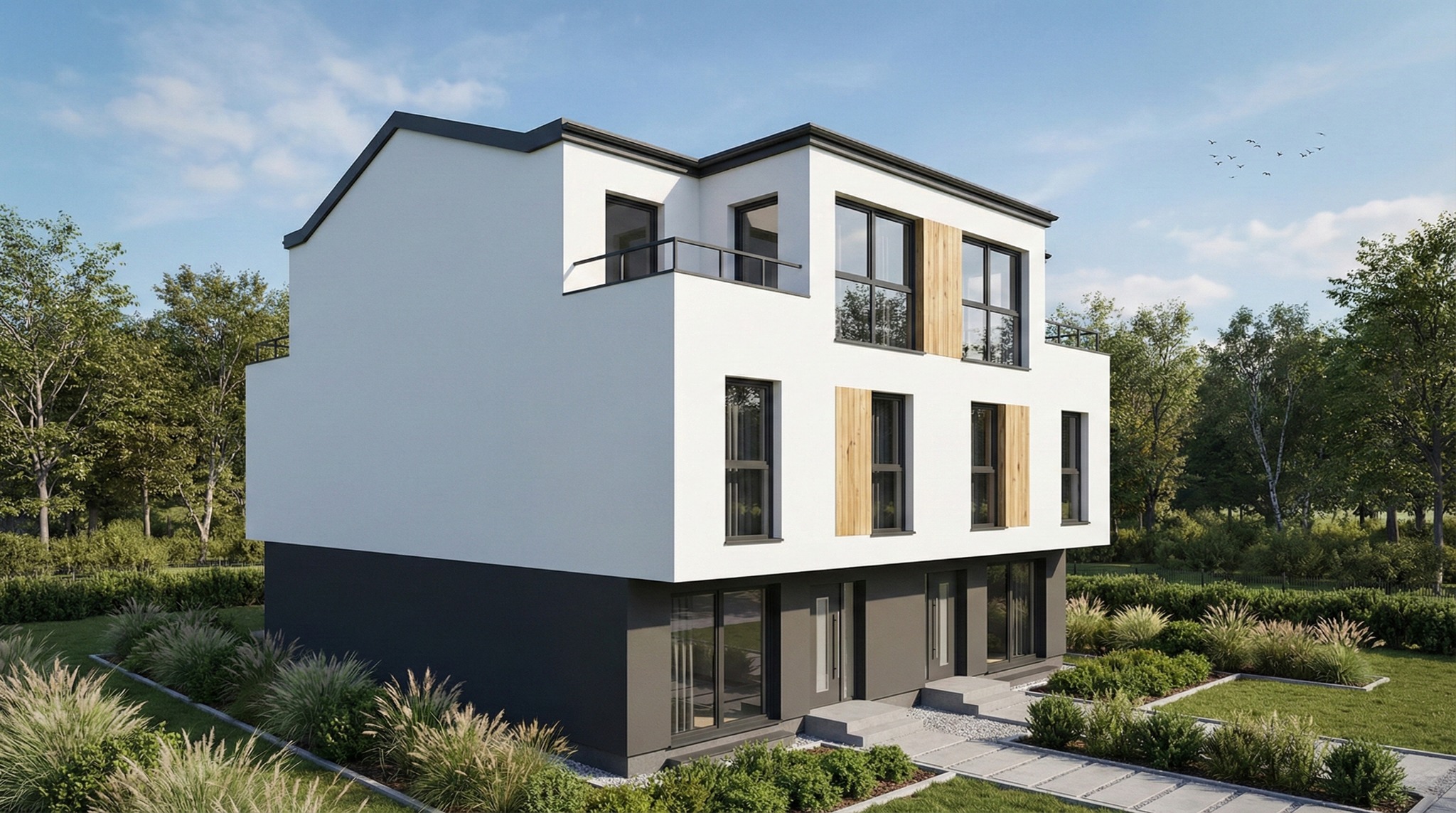 Wizualizacja nowoczesnego, dwukondygnacyjnego domu z płaskim dachem, białymi ścianami i ciemnoszarą podmurówką. Widoczne drewniane okiennice i balkon. Otoczenie: trawnik i drzewa.