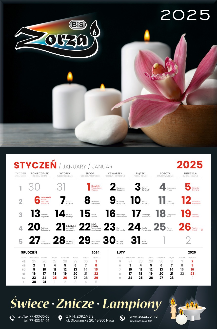 Kalendarz firmowy Zorza-Bis z Nysy na rok 2025, prezentujący świece, znicze i lampiony w aranżacji z białymi kamieniami i różowym storczykiem.