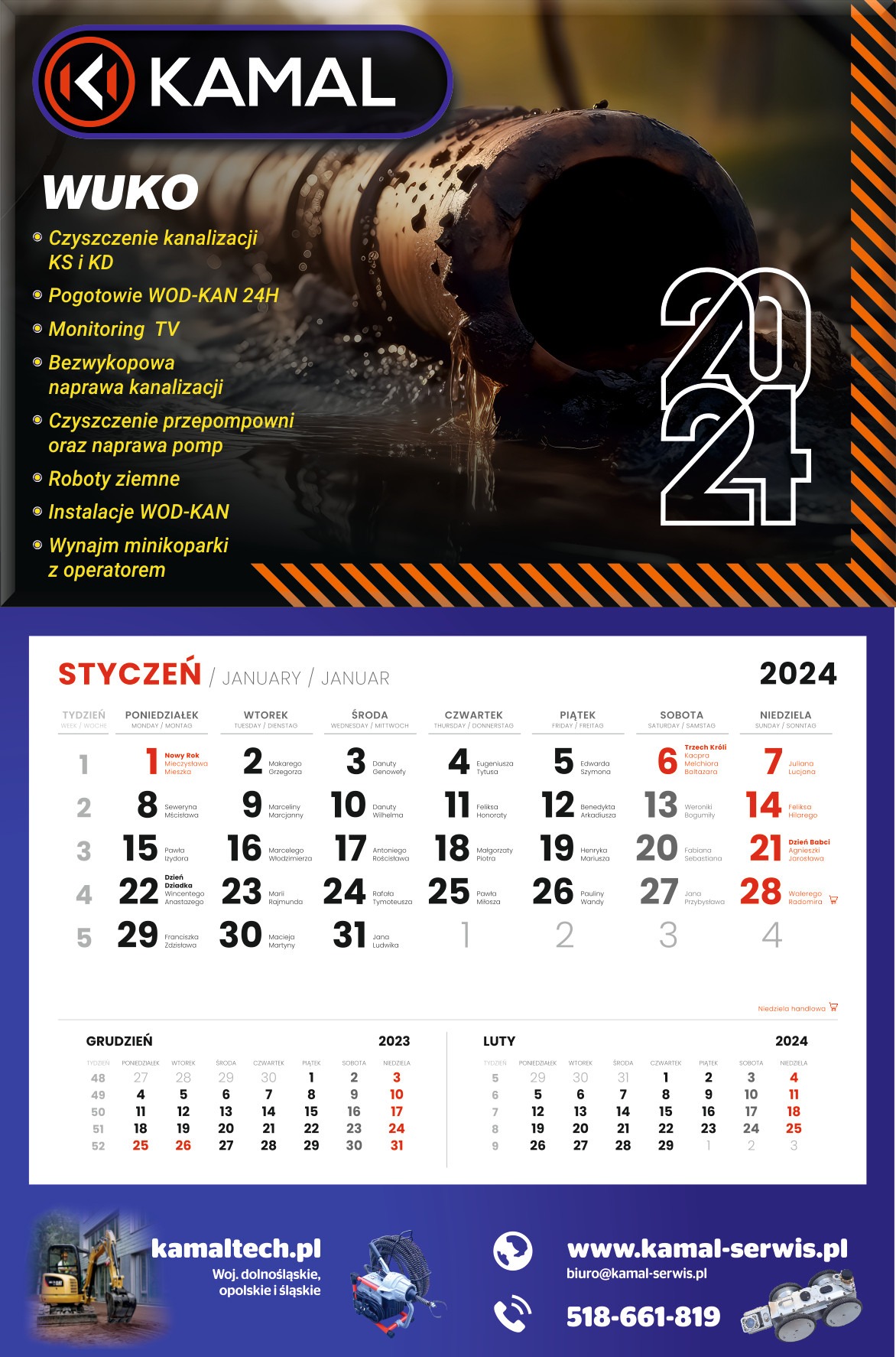 Kalendarz firmowy na rok 2024 z ofertą usług WUKO, prezentujący czyszczenie kanalizacji, pogotowie wod-kan, monitoring TV, bezwykopową naprawę, czyszczenie przepompowni, roboty ziemne, instalacje...