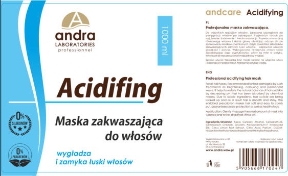Etykieta profesjonalnej maski zakwaszającej do włosów marki Andra Laboratories, z informacjami o składzie, działaniu i sposobie użycia w języku polskim i angielskim. Zawiera certyfikaty '0%...