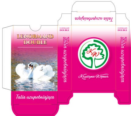 Rozłożony projekt opakowania kart do wróżenia z motywem łabędzi i logo firmy, różowo-biała kolorystyka, widoczne linie cięcia i zagięć.