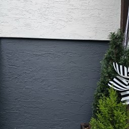 Majsterhome - Ściana z fakturą, pomalowana na dwa kolory: biały u góry i szary na dole, obok dekoracyjna roślina w donicy. Tekstura ściany jest wyraźnie widoczna.