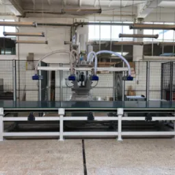 Stanowisko taśmociągu z manipulatorami do pobierania materiałów. Manipulator zamontowany na robocie.