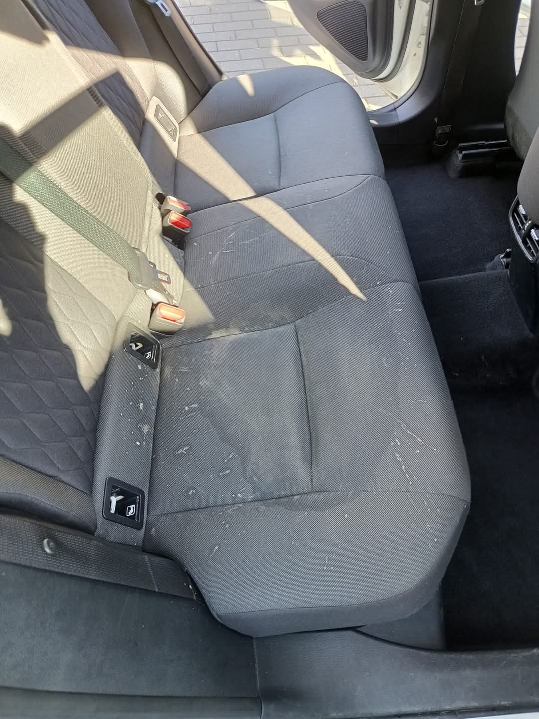 Zabrudzona tylna kanapa samochodu z widocznymi plamami i okruchami na szarej tapicerce.