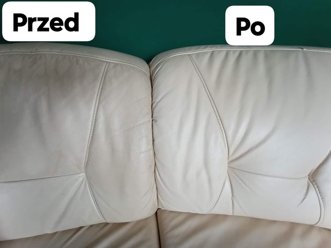 Fragment kremowej skórzanej kanapy, porównanie stanu przed i po czyszczeniu, widoczne różnice w zabrudzeniach i odświeżeniu koloru.