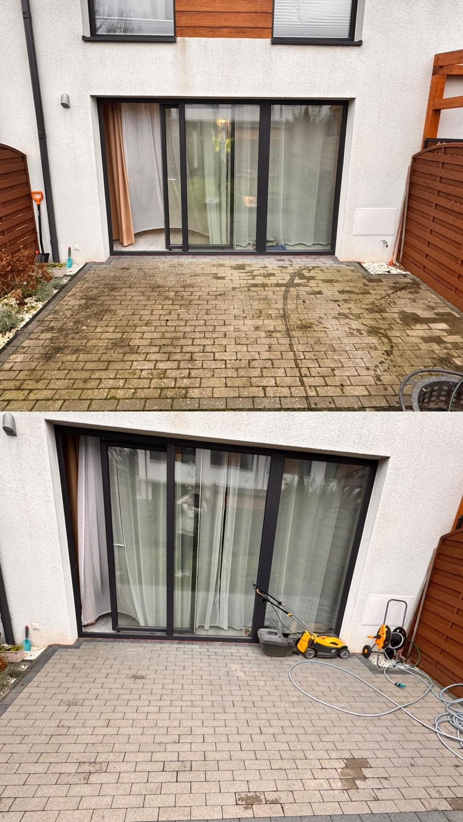 Porównanie stanu kostki brukowej przed i po czyszczeniu wysokociśnieniowym. Górna część zdjęcia pokazuje zabrudzoną kostkę, dolna część prezentuje czystą powierzchnię po umyciu, widoczny sprzęt...