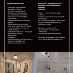 Nowoczesna łazienka po remoncie w Jarosławiu: kabina prysznicowa typu walk-in z czarnymi ramami, białe płytki imitujące marmur na ścianach, szara szafka pod umywalką i toaleta w jasnych barwach.