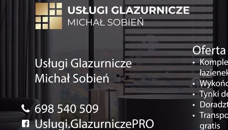 Grafika reklamowa usług glazurniczych Michała Sobienia z numerem telefonu i adresem profilu na Facebooku, na tle aranżacji łazienki z wanną.