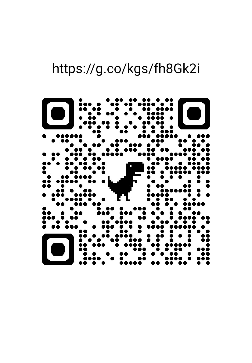 Czarno-biały kod QR z adresem URL i ikoną dinozaura w środku.