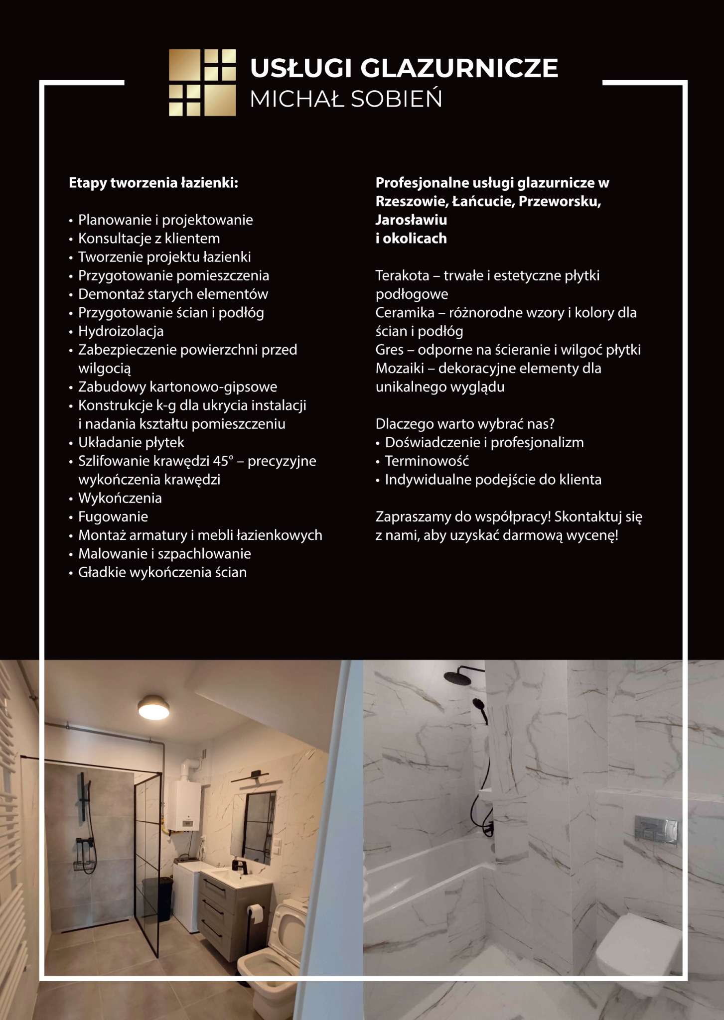 Nowoczesna łazienka po remoncie w Jarosławiu: kabina prysznicowa typu walk-in z czarnymi ramami, białe płytki imitujące marmur na ścianach, szara szafka pod umywalką i toaleta w jasnych barwach.