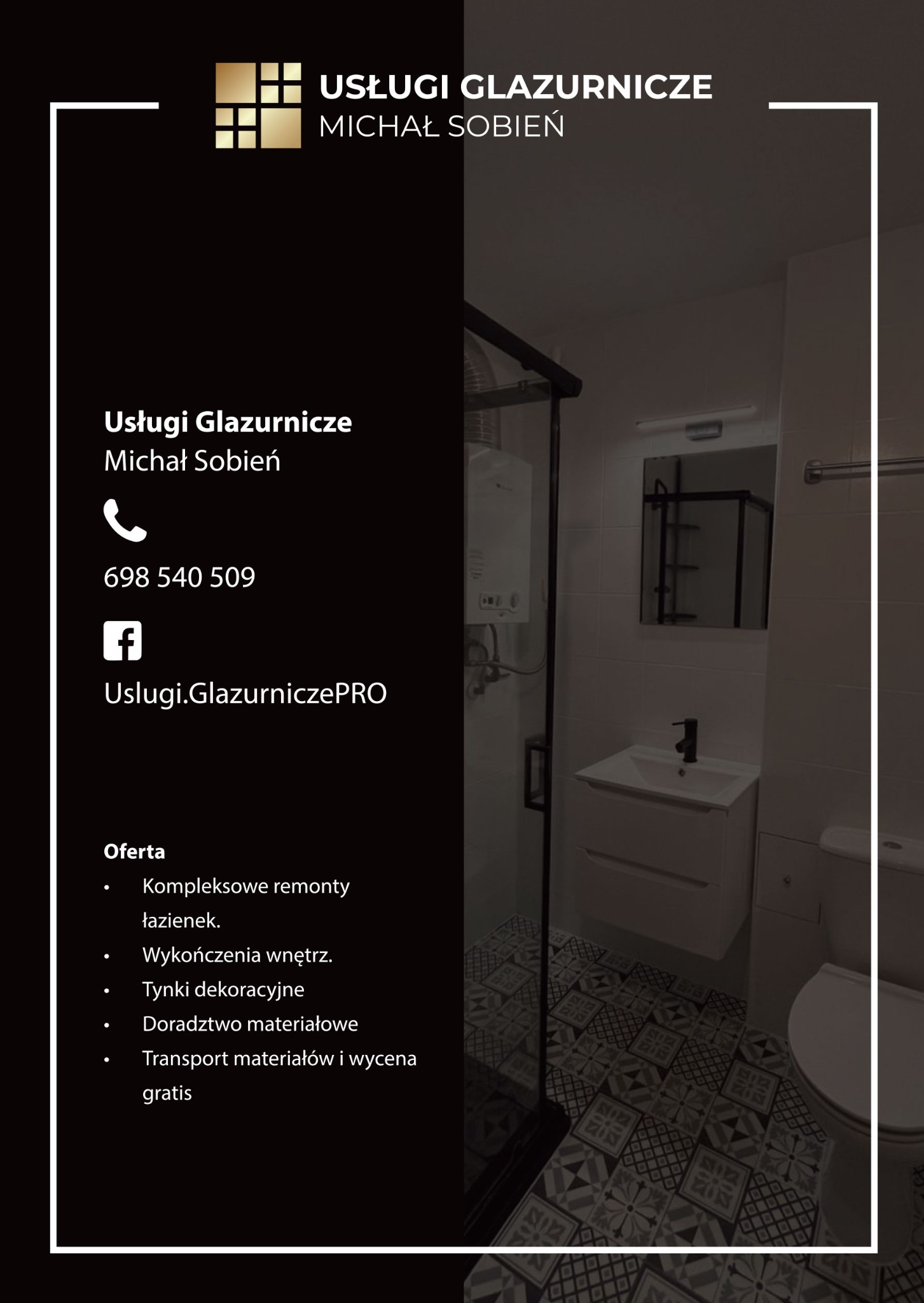 Grafika reklamowa firmy glazurniczej: Ustawiona pod kątem łazienka z kabiną prysznicową, umywalką z szafką i toaletą; na podłodze wzorzyste płytki; po lewej stronie dane kontaktowe firmy.