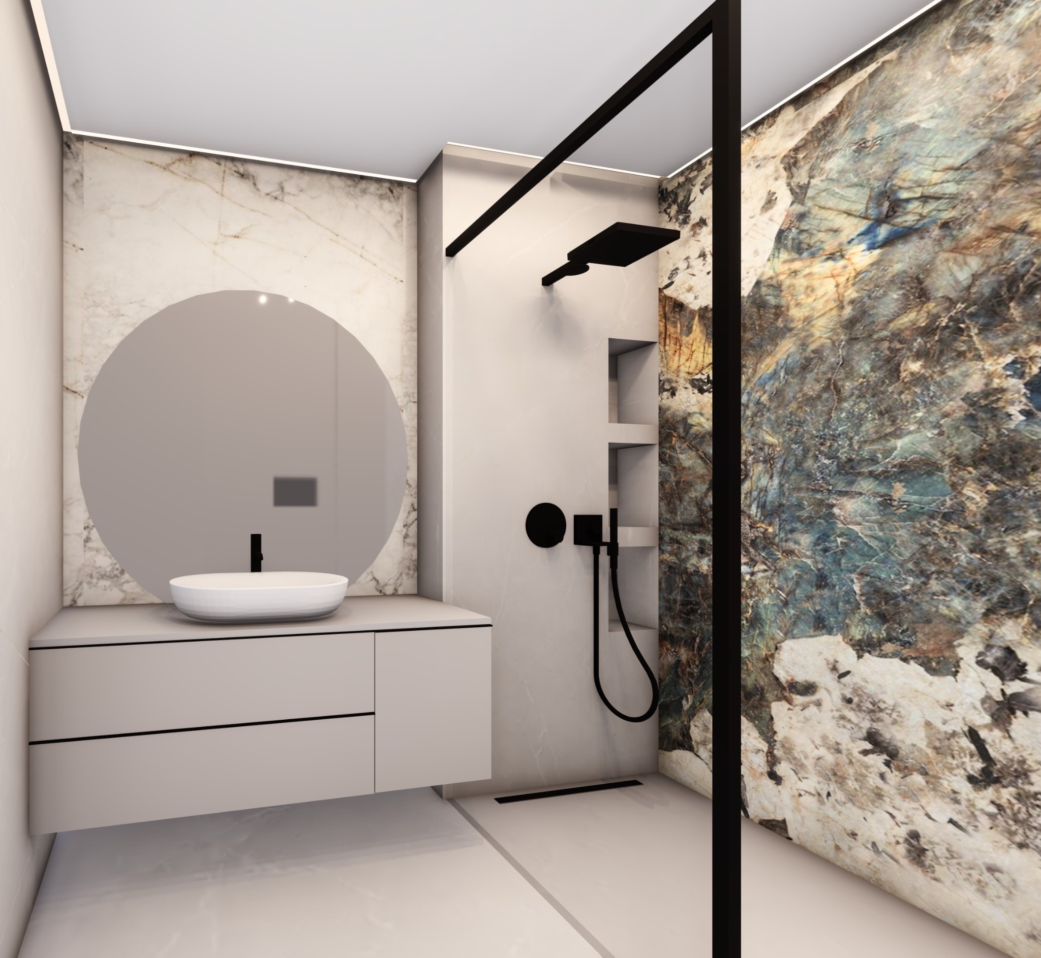 Nowoczesna łazienka z marmurową ścianą prysznicową, okrągłym lustrem i minimalistyczną umywalką nablatową na szafce w kolorze złamanej bieli.