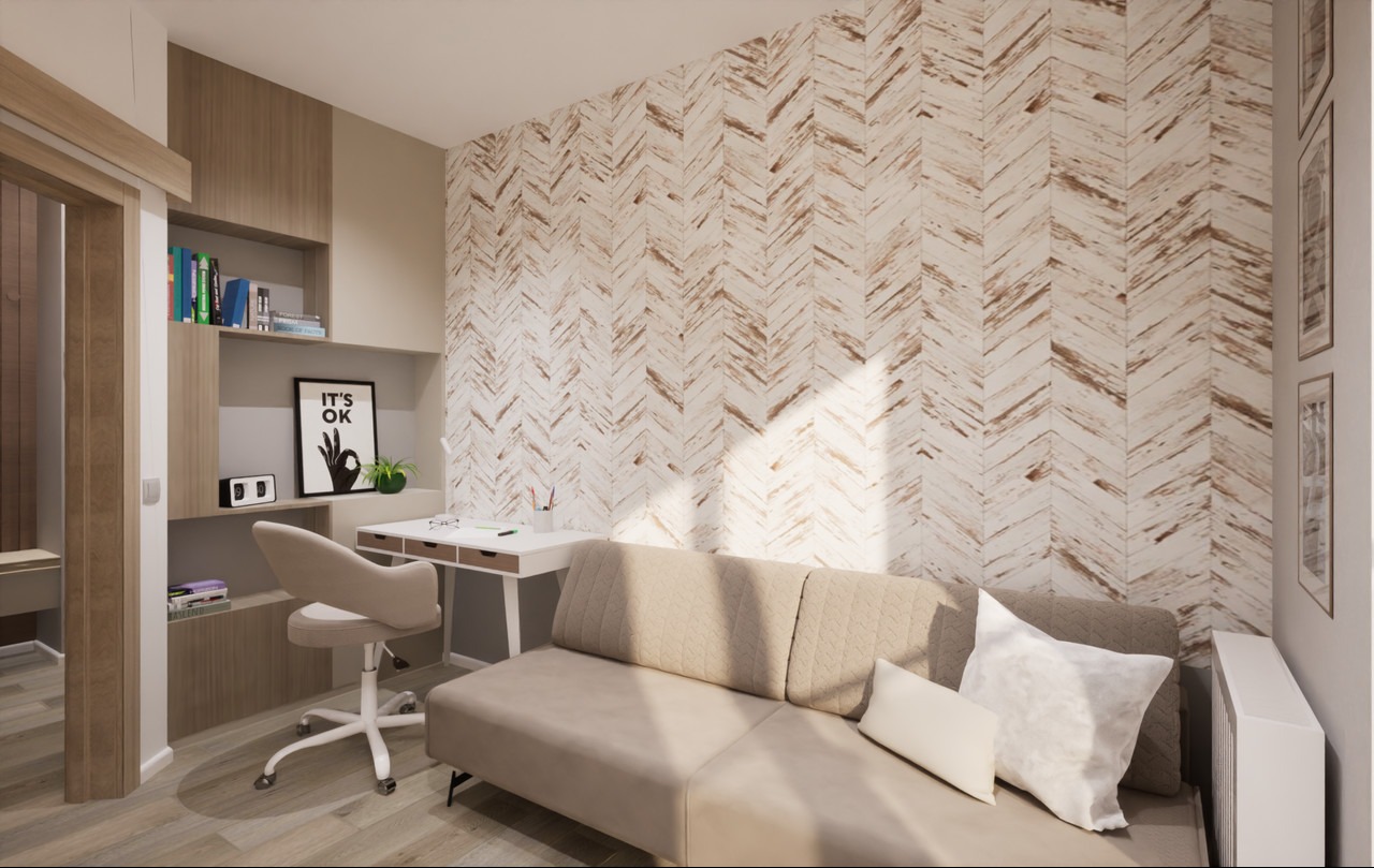 Beżowy pokój z drewnianą ścianą w jodełkę, biurkiem, krzesłem na kółkach, półkami z książkami i sofą z poduszkami.