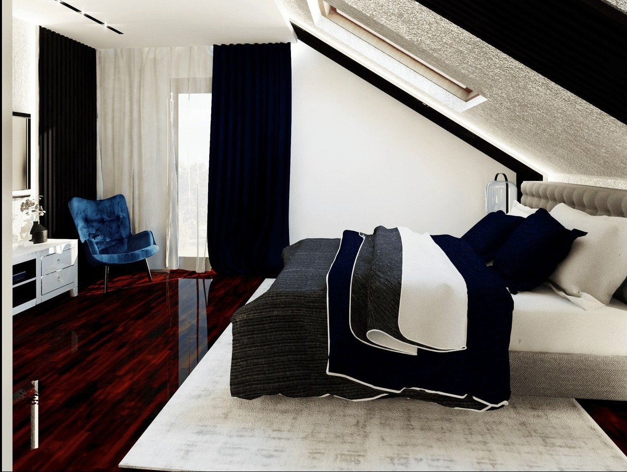 Nowoczesna sypialnia na poddaszu z oknem dachowym, ciemnymi zasłonami, błyszczącą, ciemną podłogą i turkusowym fotelem.