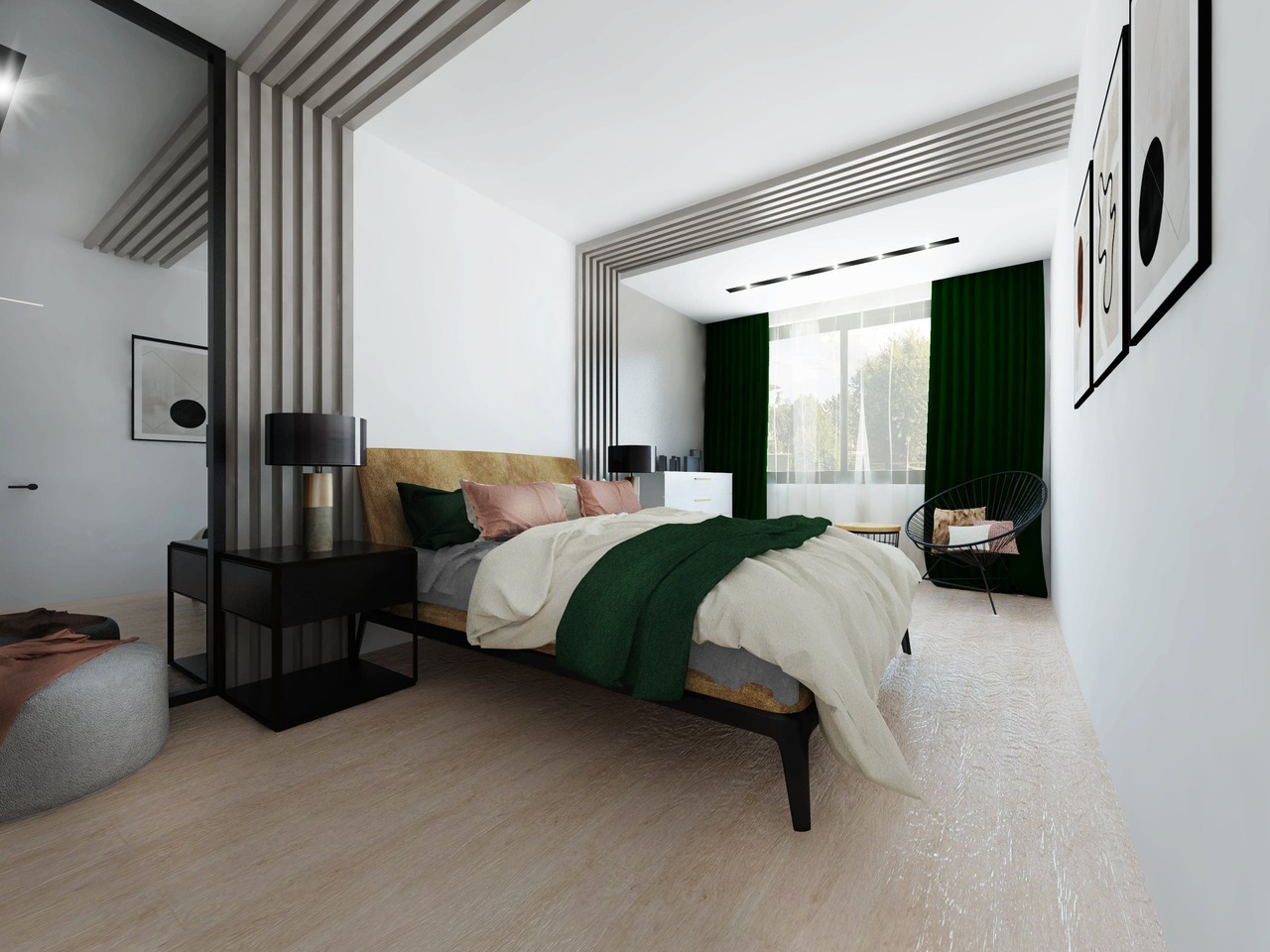 Nowoczesna sypialnia z drewnianą ramą łóżka, zielonym pledem i minimalistycznymi obrazami na ścianie, oświetlona światłem dziennym wpadającym przez okno z ciemnozielonymi zasłonami.