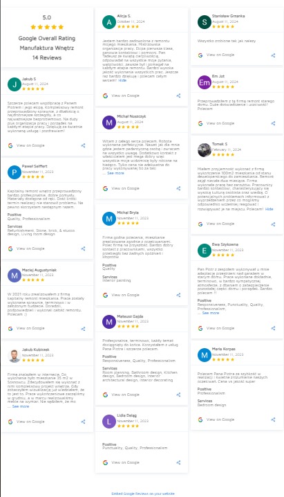 Zrzut ekranu z wieloma pozytywnymi recenzjami Google dla firmy 'Manufaktura Wnętrz', podkreślającymi profesjonalizm, terminowość i jakość wykonania usług remontowych i wykończeniowych.
