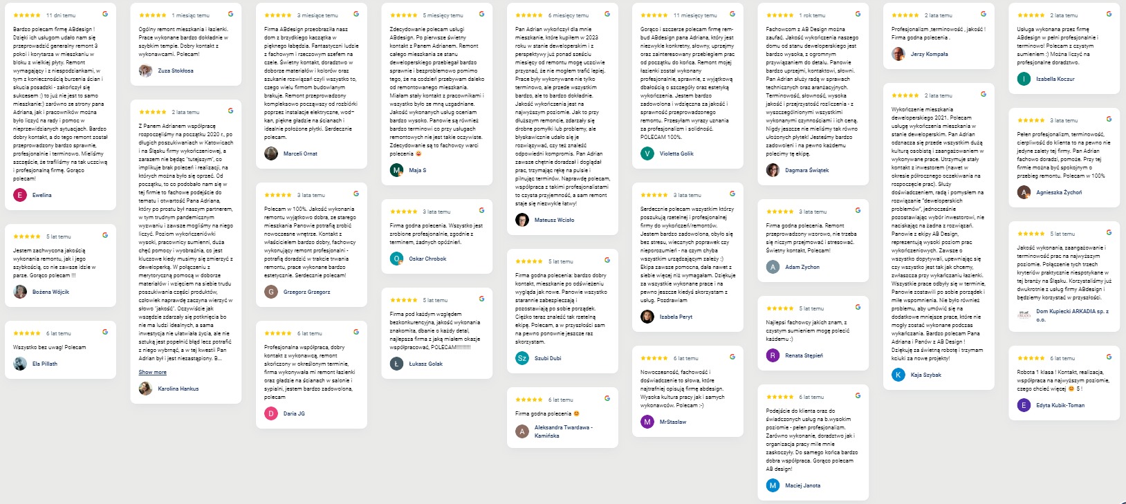 Zrzut ekranu z recenzjami firmy remontowej ABdesign, z pozytywnymi opiniami klientów na temat jakości, terminowości i profesjonalizmu usług, z naciskiem na wykończenia mieszkań i łazienek.