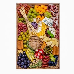 Pudelkowelove - Bogato wypełniona drewniana skrzynka z przekąskami: sery, wędliny, owoce, pieczywo, oliwki, marynowane warzywa, orzechy i dżem, ułożone w dekoracyjny sposób.