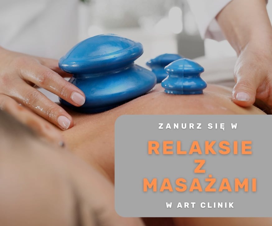 Plecy pacjenta z przyssawkami do masażu próżniowego w trakcie zabiegu, widoczne dłonie terapeuty