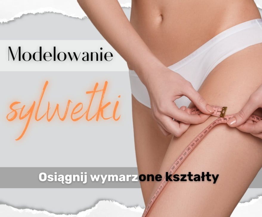Kobieta w białej bieliźnie mierzy udo różową miarką krawiecką na tle grafiki z napisem 'Modelowanie sylwetki. Osiągnij wymarzone kształty'.