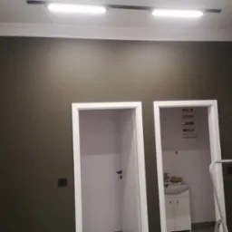 Ściana pomalowana na ciemny kolor w Radomiu, widoczne dwa wejścia do pomieszczeń, białe futryny, listwa dekoracyjna pod sufitem, oświetlenie szynowe, fragment drabiny malarskiej.