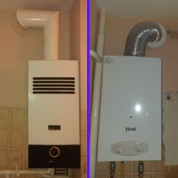 MT Instal Milena Thimm - Porównanie dwóch pieców gazowych: starszy model z czarnym dołem i kratką wentylacyjną oraz nowszy model Ferroli z elastycznym przewodem spalinowym.