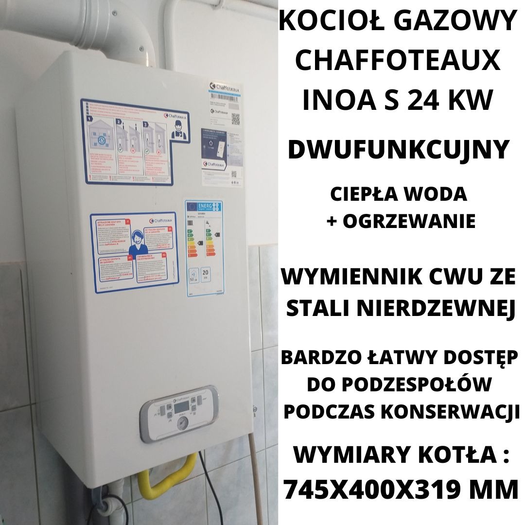 Biały, dwufunkcyjny piec gazowy Chaffoteaux INOA S 24 KW zamontowany na ścianie, z widocznymi naklejkami informacyjnymi i żółtym przewodem gazowym.
