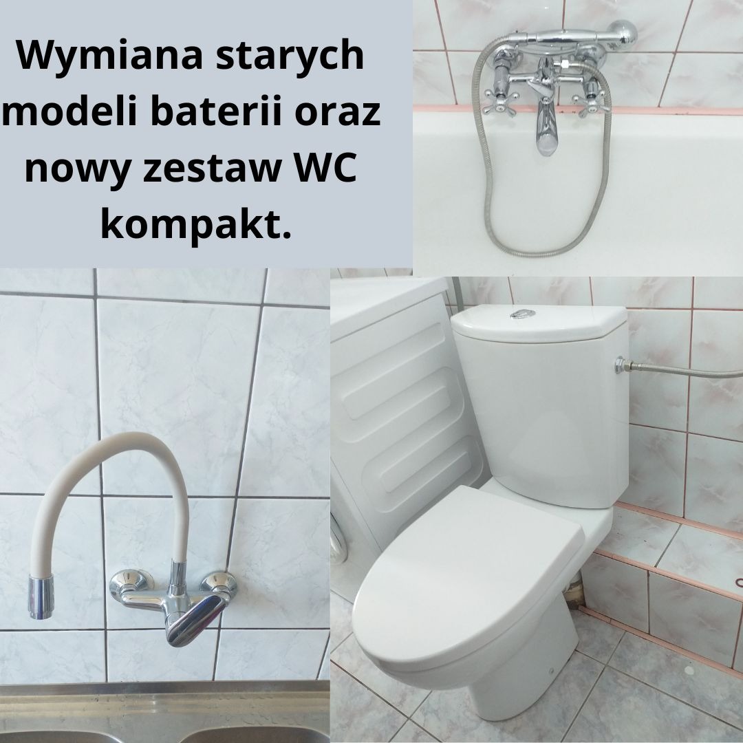Nowa bateria kuchenna z elastyczną wylewką, bateria wannowa z prysznicem oraz biały kompakt WC zamontowane w łazience z jasnymi płytkami.