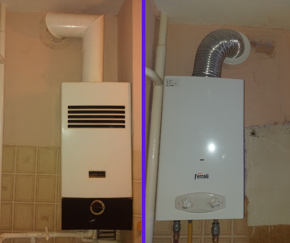 Porównanie dwóch pieców gazowych: starszy model z czarnym dołem i kratką wentylacyjną oraz nowszy model Ferroli z elastycznym przewodem spalinowym.