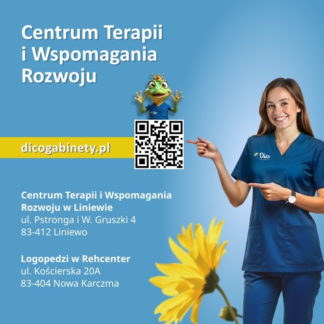 Uśmiechnięta kobieta w niebieskim uniformie wskazuje palcami na kod QR i adres strony internetowej Centrum Terapii i Wspomagania Rozwoju, obok stylizowana grafika żaby w koronie i żółty kwiat.