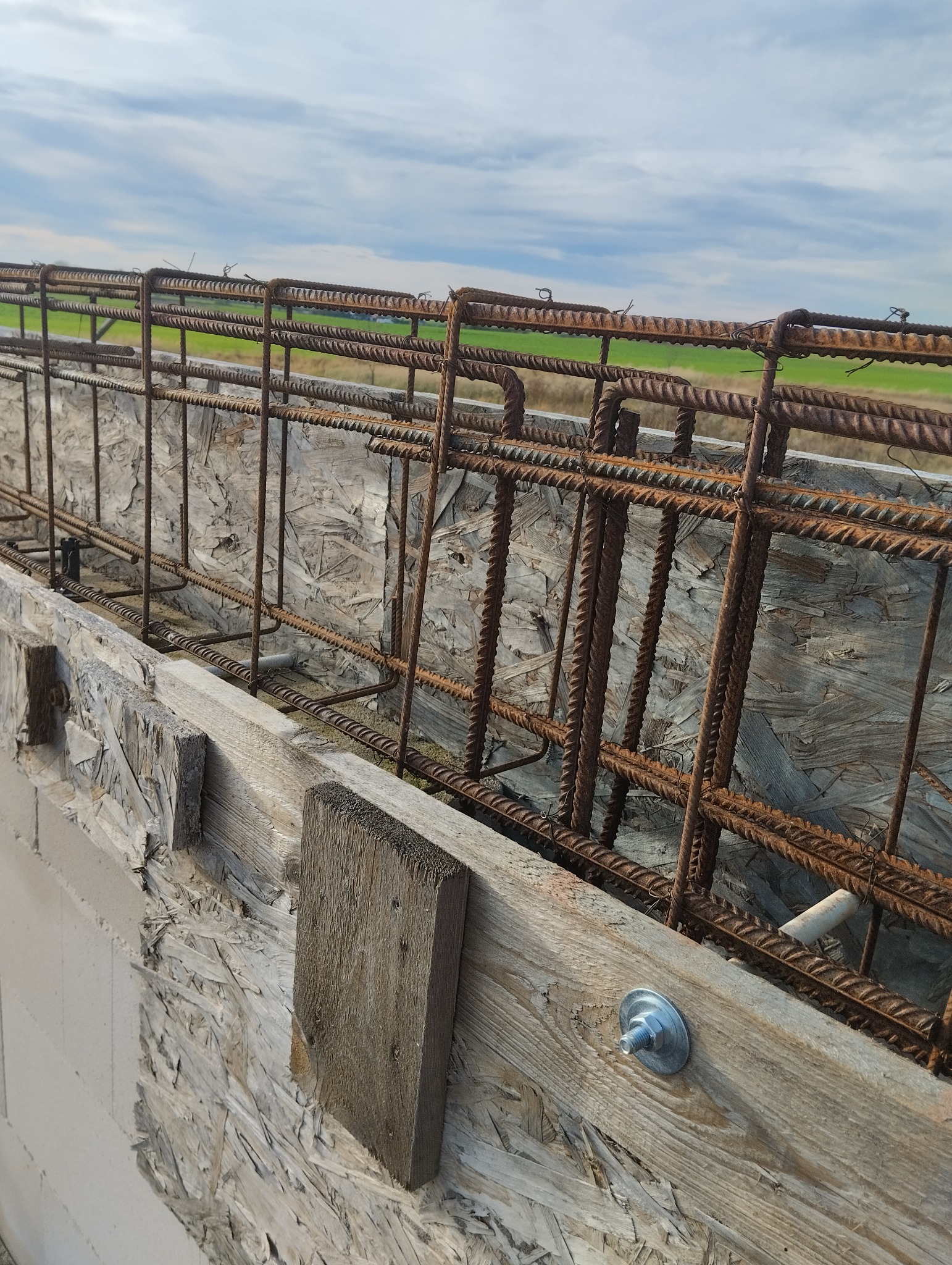 Zbrojenie fundamentów z widoczną konstrukcją z prętów żebrowanych, szalunkiem z desek i płyt OSB. W tle zielone pole i błękitne niebo.