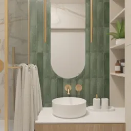 Nowoczesna łazienka z zielonymi płytkami, okrągłym lustrem i złotą armaturą. Minimalistyczny design z pralką LG w zabudowie i marmurowymi akcentami.