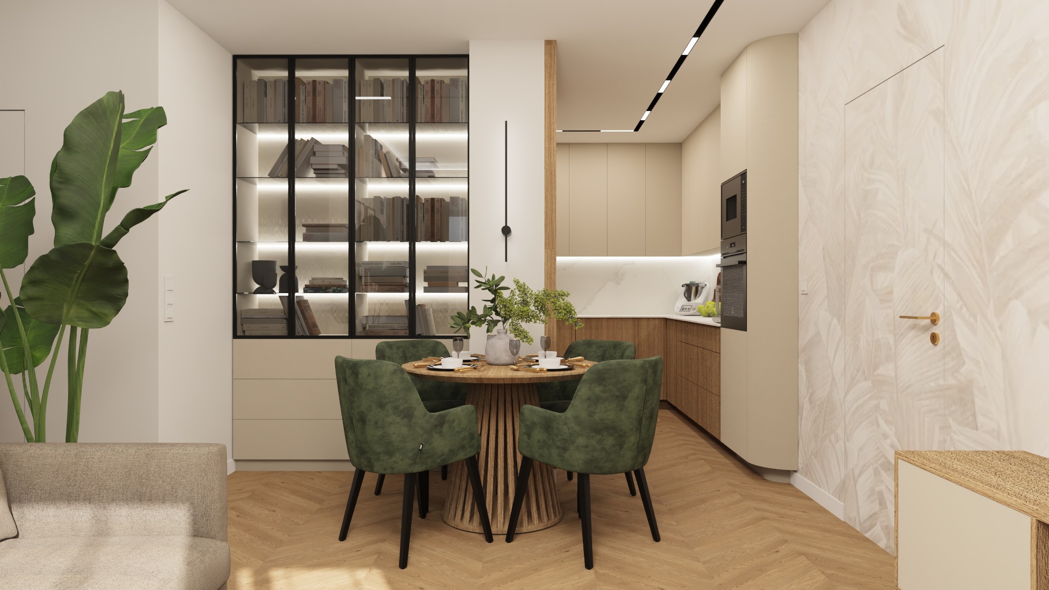 Nowoczesna aranżacja wnętrza: okrągły stół z zielonymi krzesłami, przeszklona biblioteczka z podświetleniem i widok na kuchnię w beżowo-brązowej tonacji.