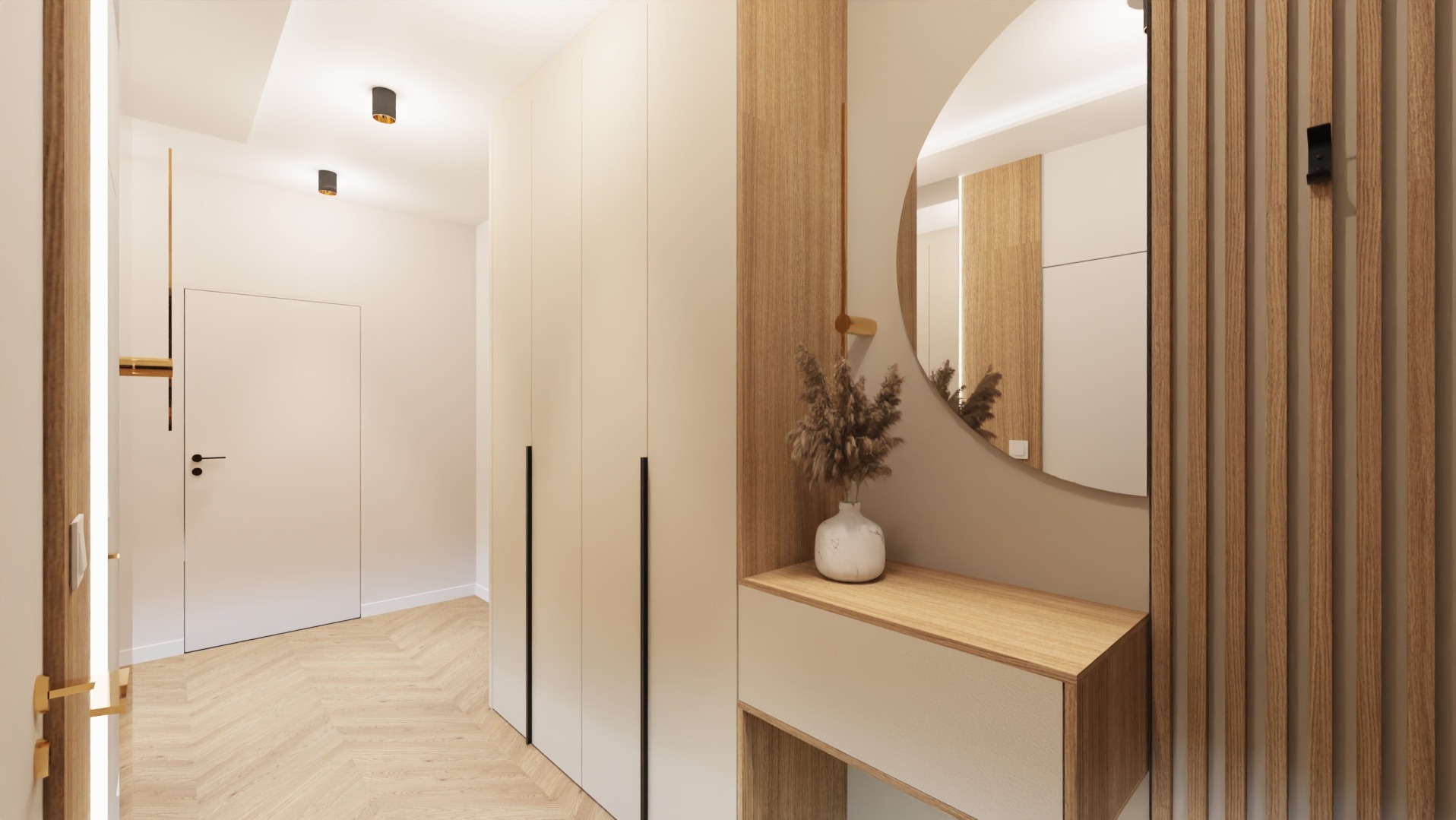 Jasny hol z szafą w zabudowie, okrągłym lustrem i drewnianymi lamelami. Na komodzie wazon z suchymi trawami. Parkiet w jodełkę. Minimalistyczny design.