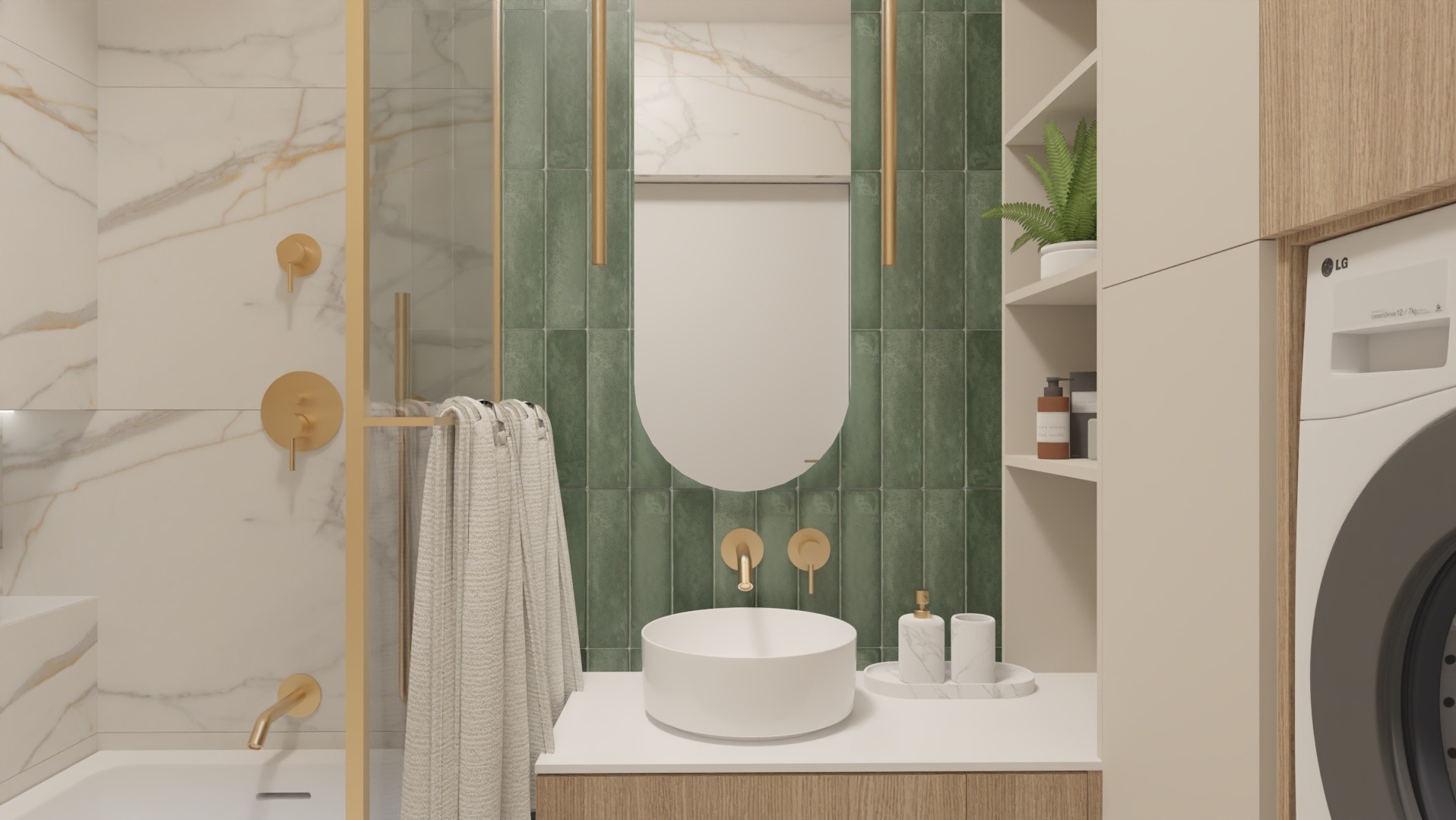 Nowoczesna łazienka z zielonymi płytkami, okrągłym lustrem i złotą armaturą. Minimalistyczny design z pralką LG w zabudowie i marmurowymi akcentami.