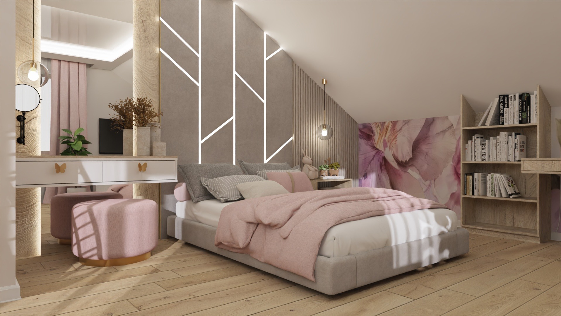 Pokój dziecięcy na poddaszu: łóżko, toaletka z lustrem, regał na książki. Pastelowe kolory, oświetlenie LED, drewniana podłoga i kwiatowy motyw na ścianie.