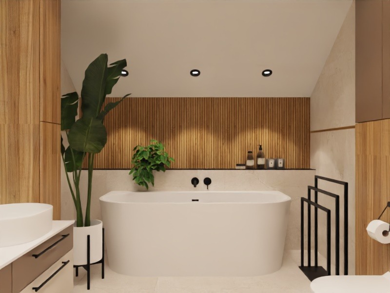 Wizualizacja łazienki z wanną wolnostojącą na tle drewnianej ściany. Umywalka nablatowa, pionowe lamele i rośliny doniczkowe tworzą spójny, nowoczesny wystrój.