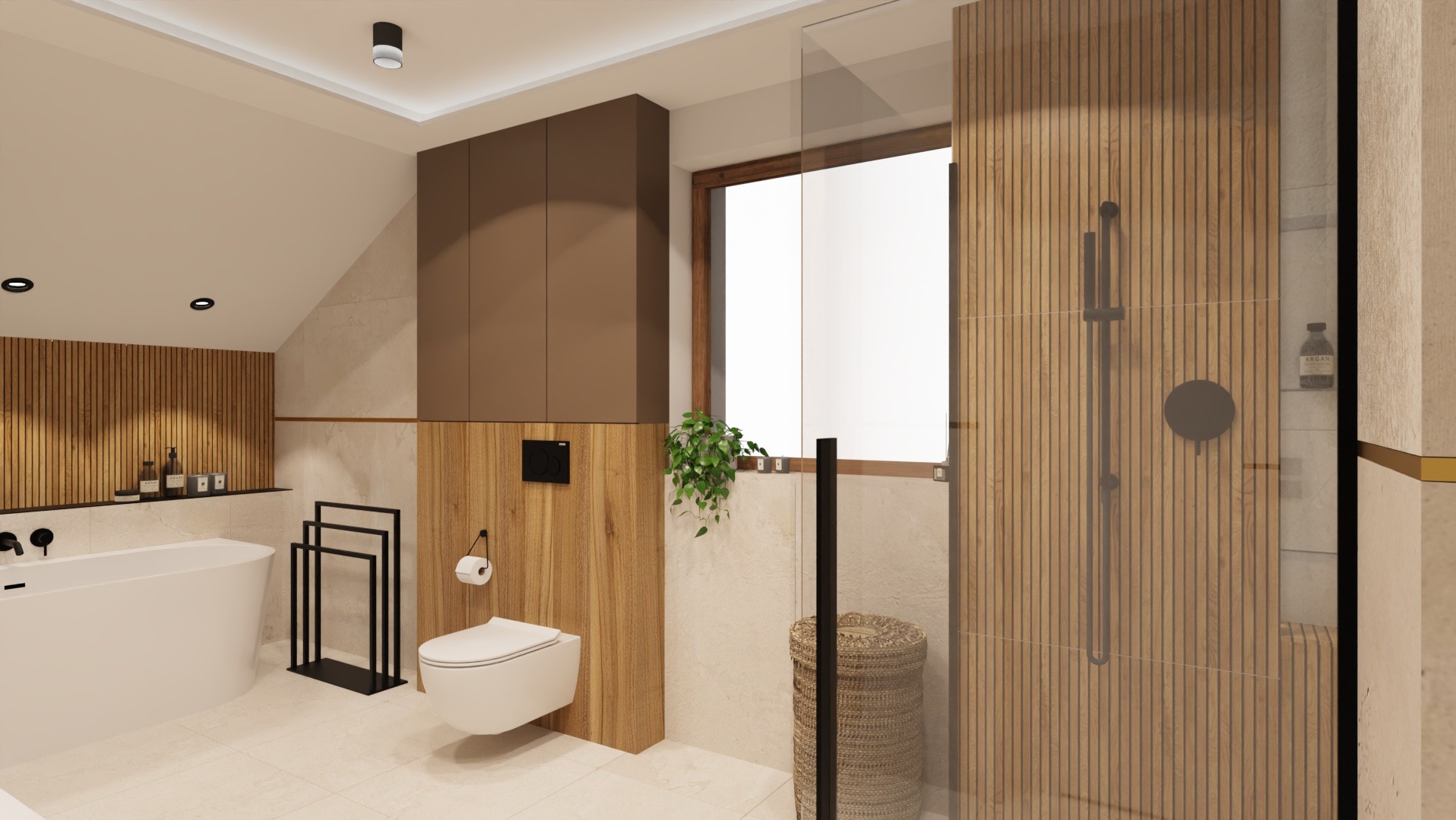 Projekt łazienki na poddaszu: drewniane panele, kabina prysznicowa ze szklaną ścianką, biała wanna wolnostojąca i toaleta podwieszana. Uwagę zwraca kosz z wikliny.