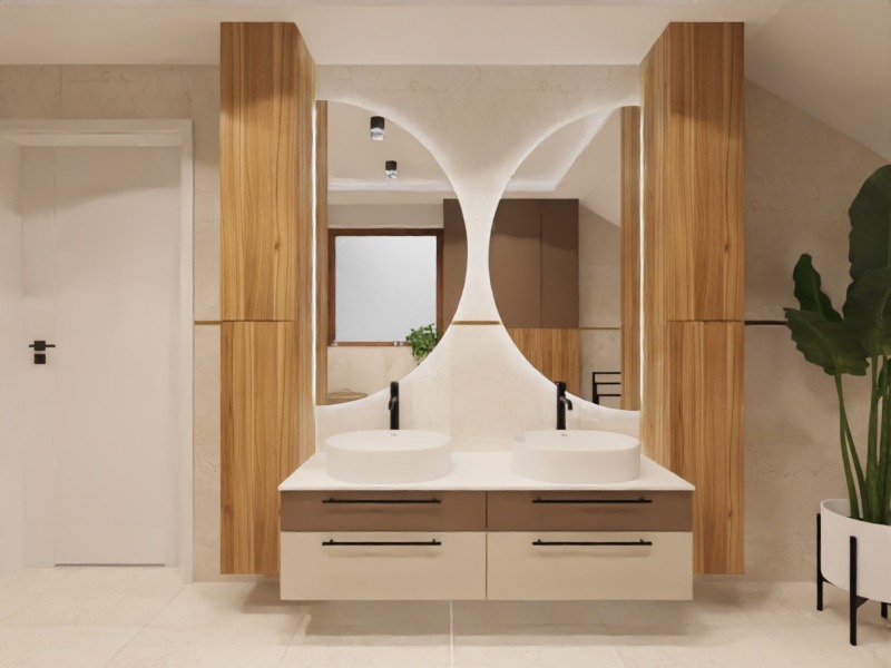 Nowoczesna łazienka z podwójną umywalką nablatową, szafką w odcieniach bieli i brązu, oraz lustrem z podświetleniem LED. Drewniane kolumny po bokach i roślina doniczkowa.