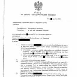 Wyrok sądu z datą styczna 2025 r. dotyczący sprawy o zapłatę. Dokument zawiera informacje o zasądzonych kwotach i odsetkach. Sygnatura akt widoczna w górnej części.