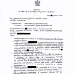 Wyrok sądu z datą kwietnia 2024 r. dotyczący sprawy ALFAKREDYT Spółka. Dokument z pieczęcią sądu i podpisem sekretarza sądowego.