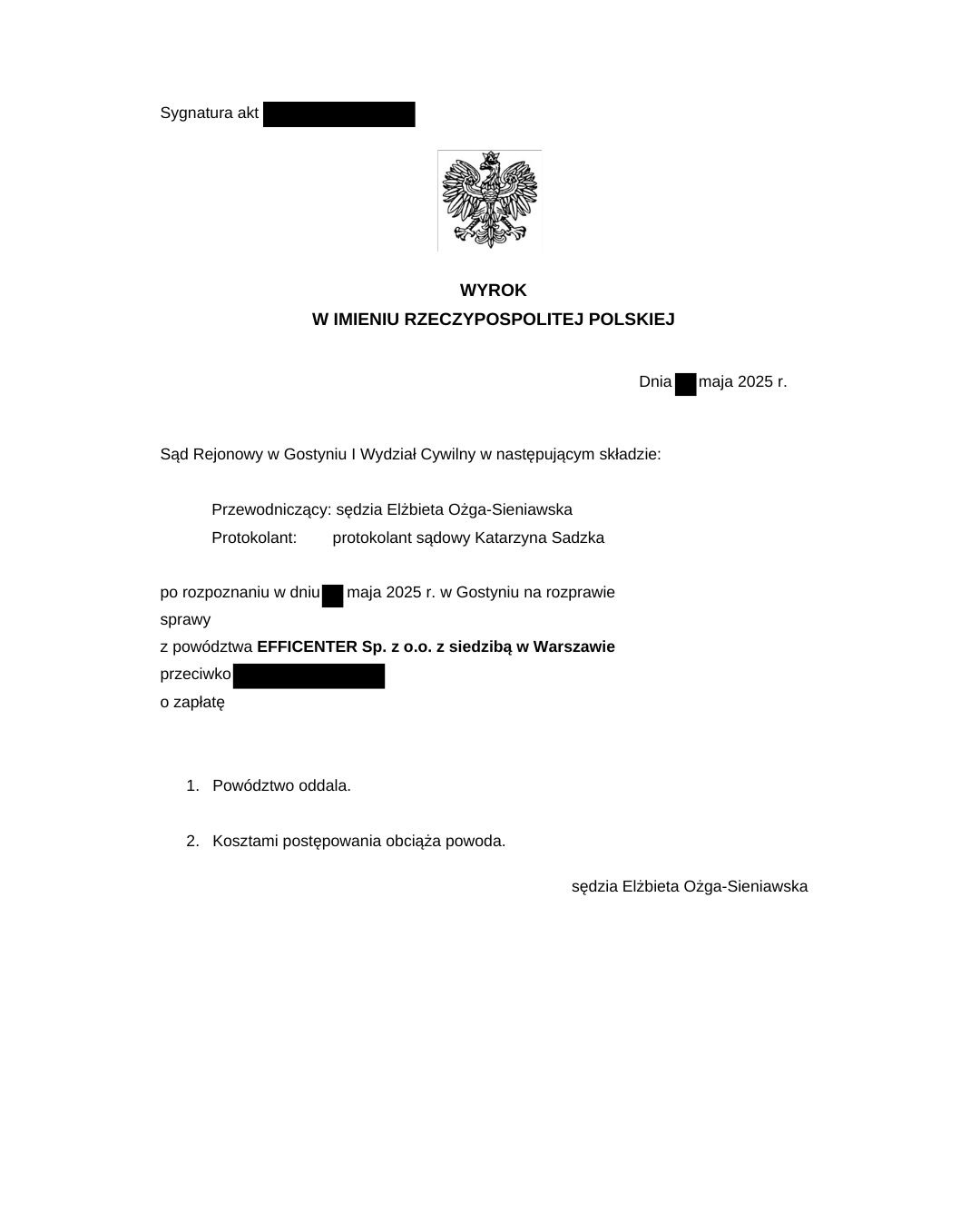 Skan wyroku sądu z Gostynia z 2025 r. w sprawie cywilnej dotyczącej powództwa o zapłatę. Dokument zawiera sygnaturę akt, godło i dane sędziego Elżbiety Ożga-Sieniawskiej.