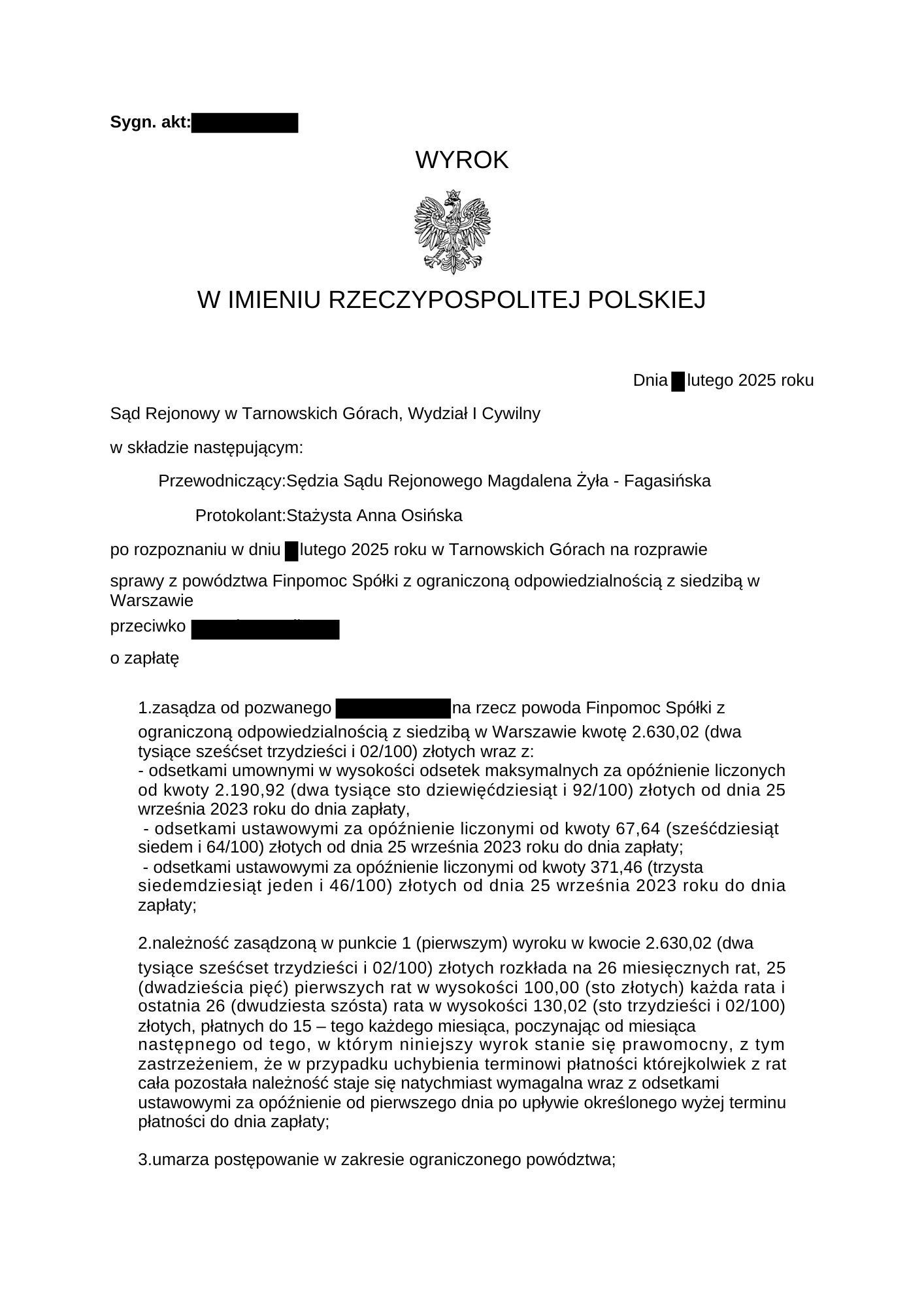 Skan dokumentu sądowego - wyrok Sądu Rejonowego w Tarnowskich Górach, wydział cywilny, z datą luty 2025, dotyczący sprawy powództwa Finpomoc Sp. z o.o.